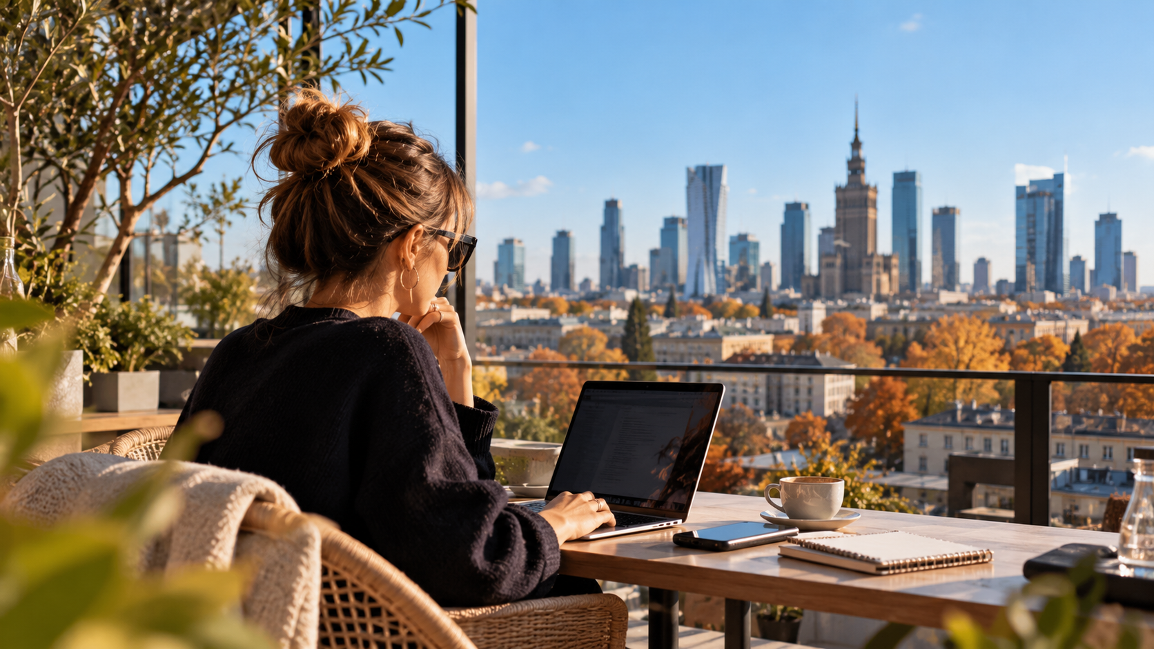 Working on a laptop overlooking the Warsaw skyline