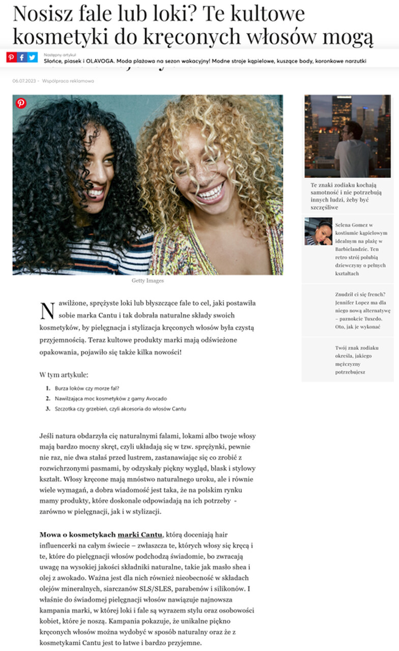 Polish online article about cult curly hair products featuring Cantu Beauty