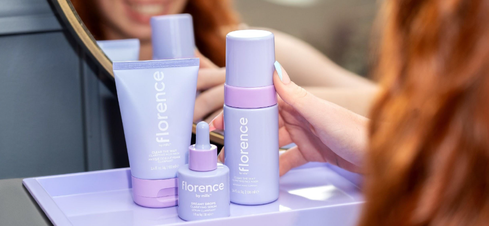 Florence by Mills skincare products held in hand