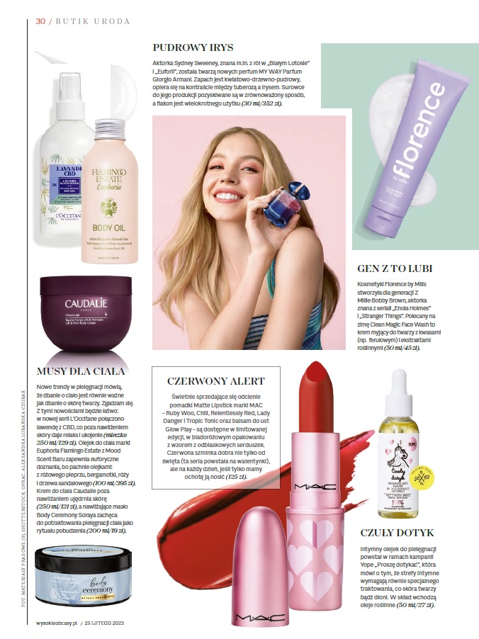 Polish magazine beauty page featuring a Florence by Mills product