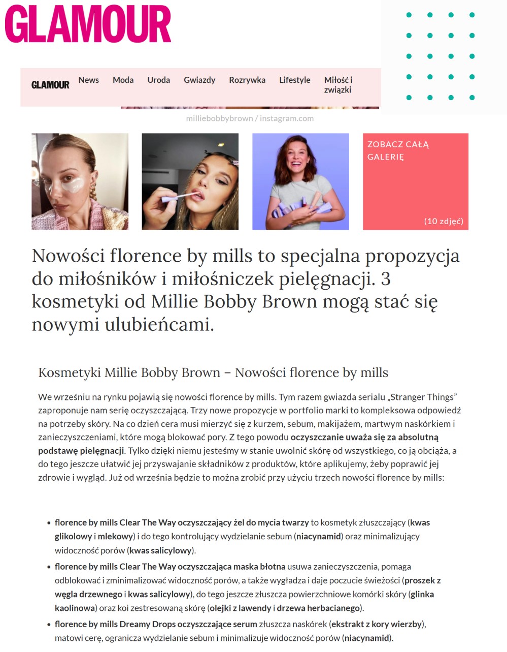 Glamour Poland article on new Florence by Mills skincare by Millie Bobby Brown