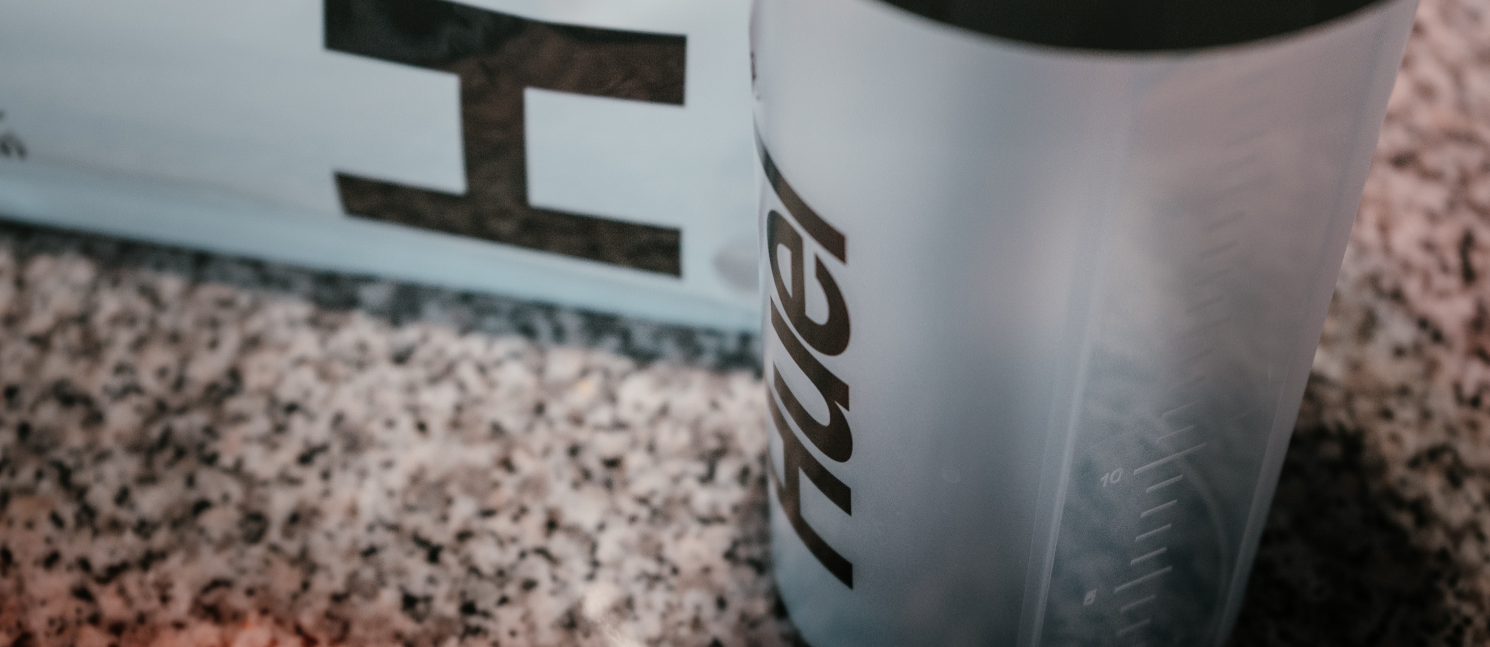 Close-up of a Huel shaker bottle