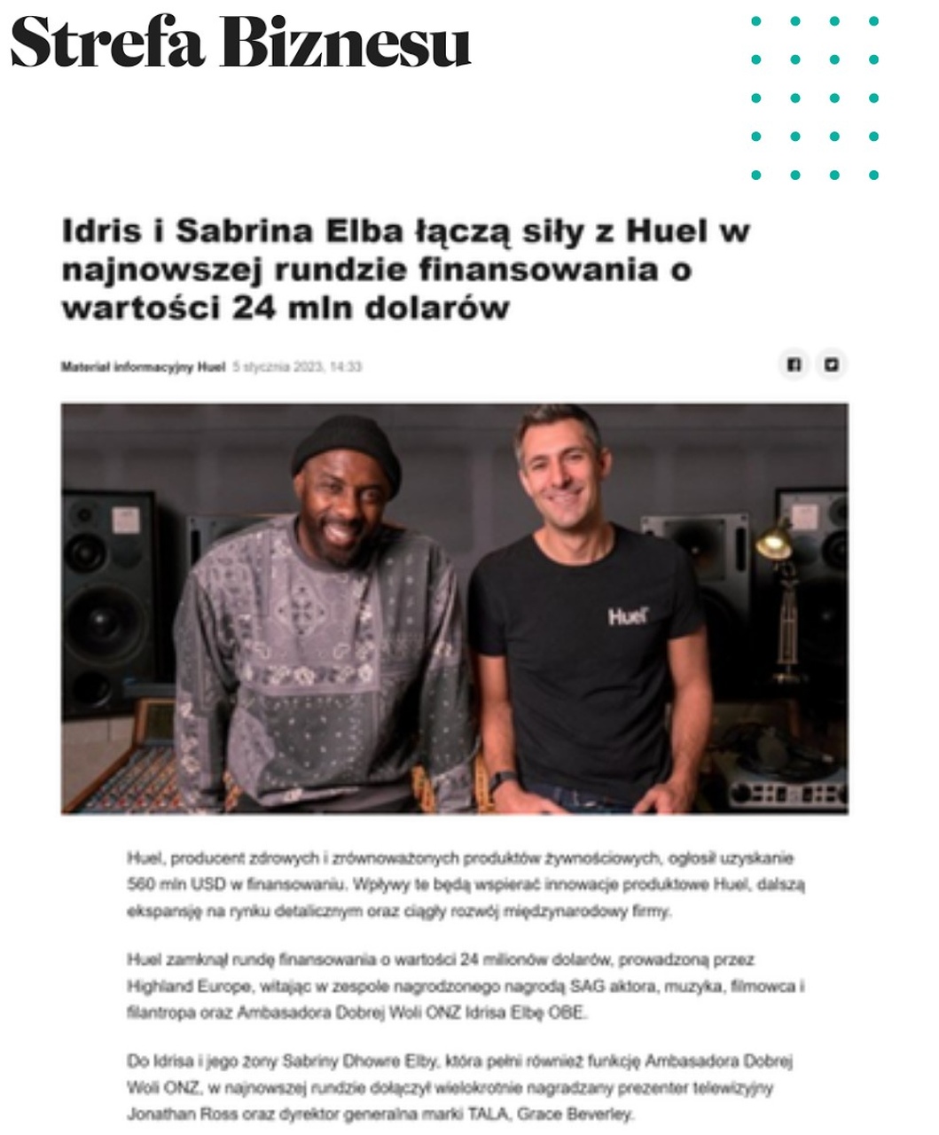 Strefa Biznesu article on Idris and Sabrina Elba joining Huel’s funding round
