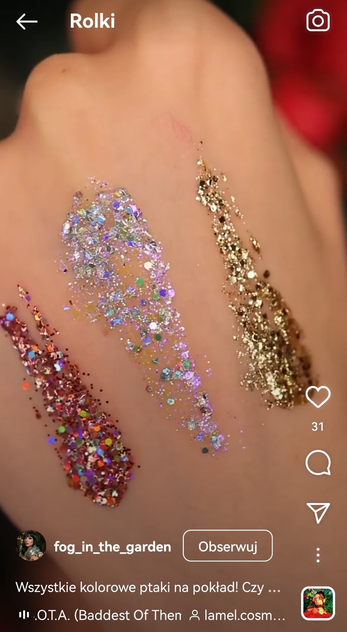 Instagram Reel with LAMEL glitter swatches on a hand