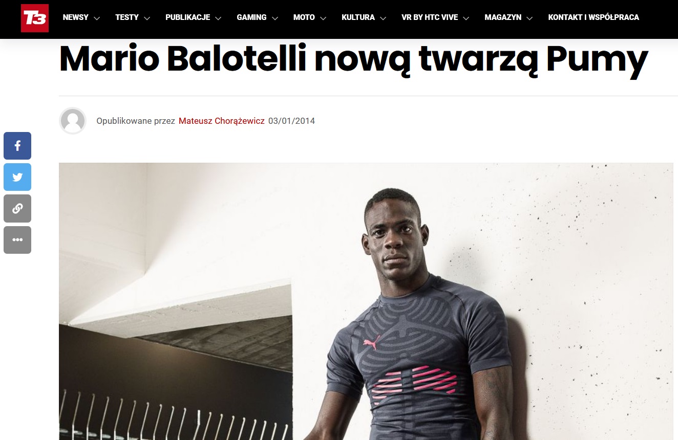 T3 Poland article on Mario Balotelli as the new face of PUMA