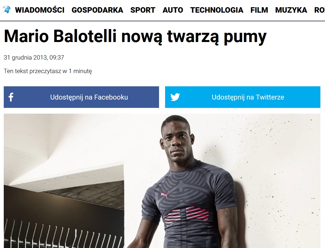 Polish news article on Mario Balotelli as the new face of PUMA