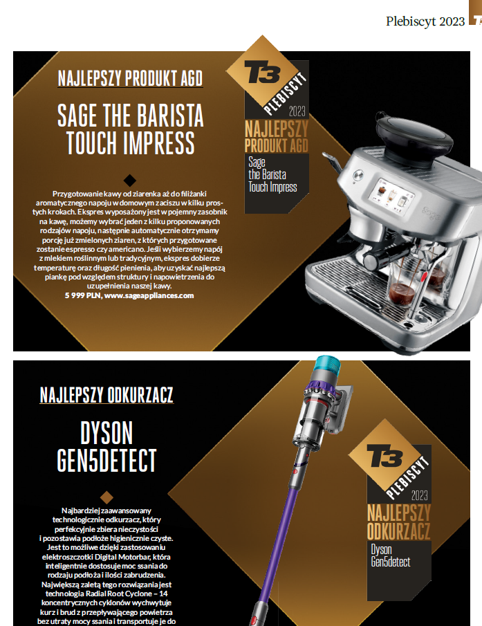 T3 best home appliance award for Sage Barista Touch Impress